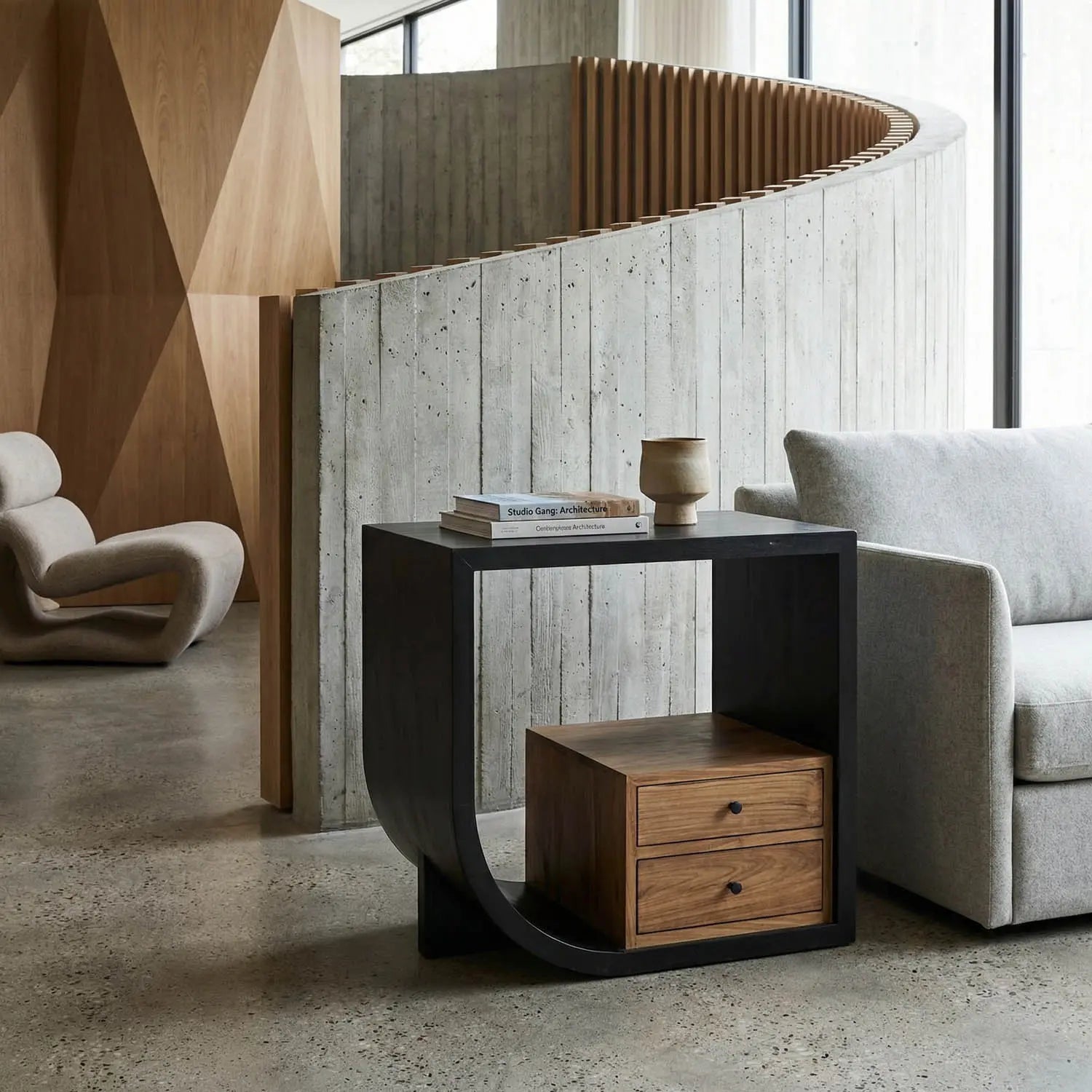 Noir Burton Side Table, Left, Hand Rubbed Black And Teak