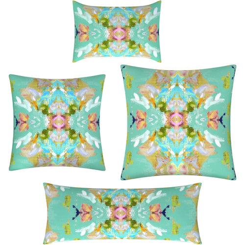 Bargain Basement Stained Glass Turquoise Linen Cotton Pillow by Laura Park