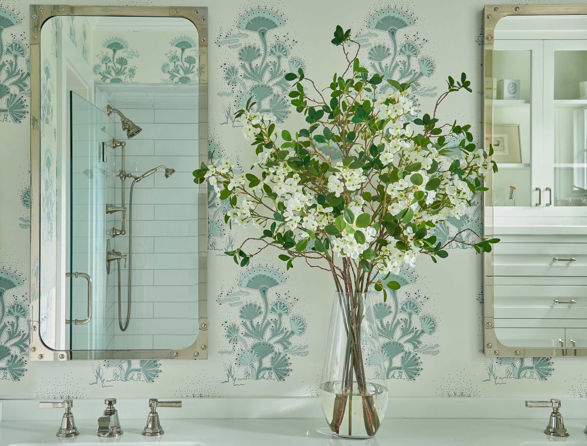 Diane James White Blossom And Leaf Bouquet In Teardrop Vase