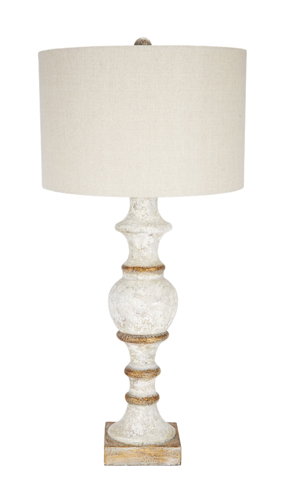 Old World Design French White & Gold Accented Spindle Table Lamp with Linen Shade