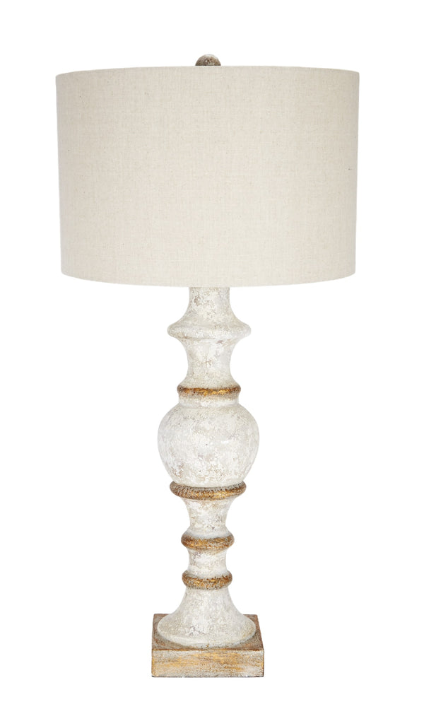 Old World Design French White & Gold Accented Spindle Table Lamp with Linen Shade