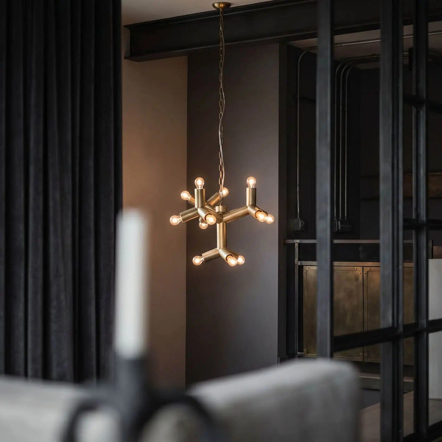 Noir Snow Flake Chandelier, Metal With Brass Finish