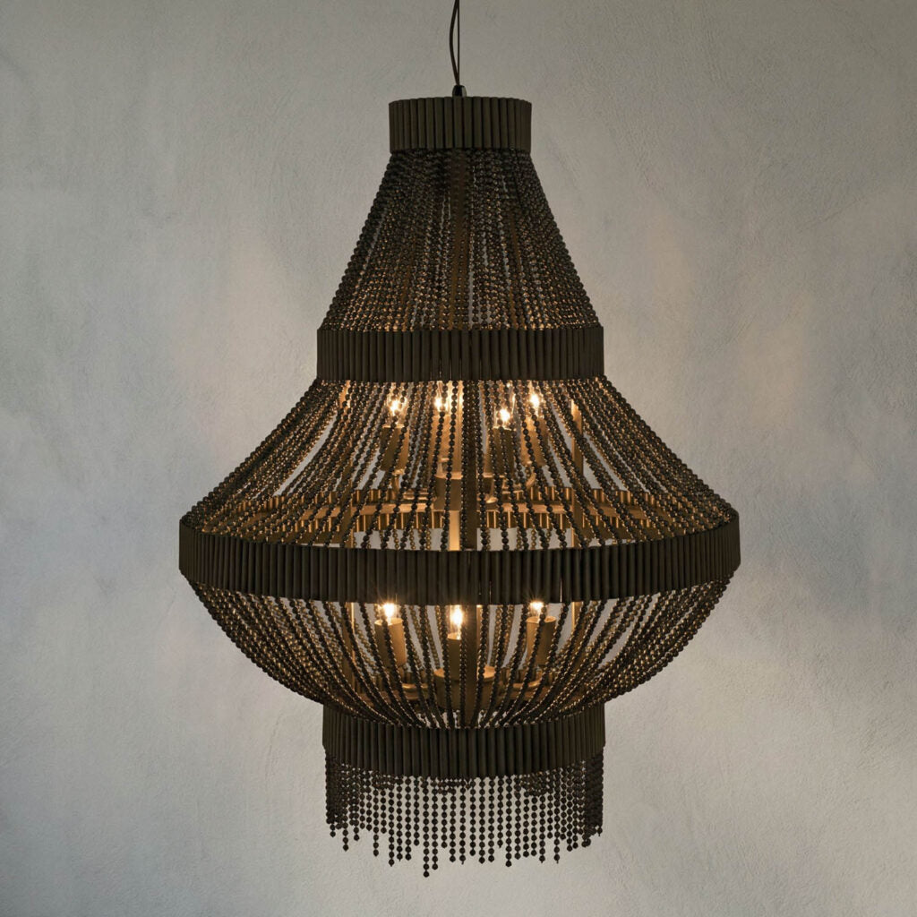 Noir Domo Chandelier, Steel And Metal Beads With Brass Finish