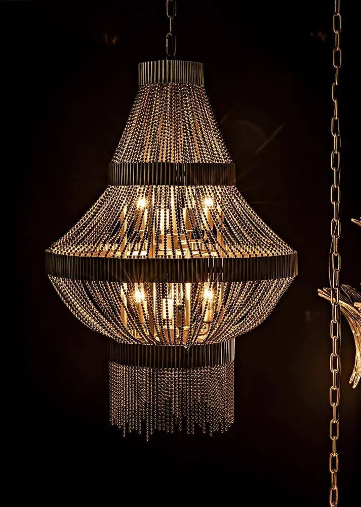 Noir Domo Chandelier, Steel And Metal Beads With Brass Finish