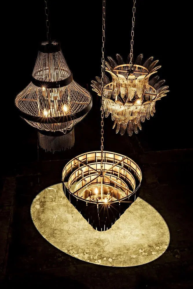 Noir Domo Chandelier, Steel And Metal Beads With Brass Finish