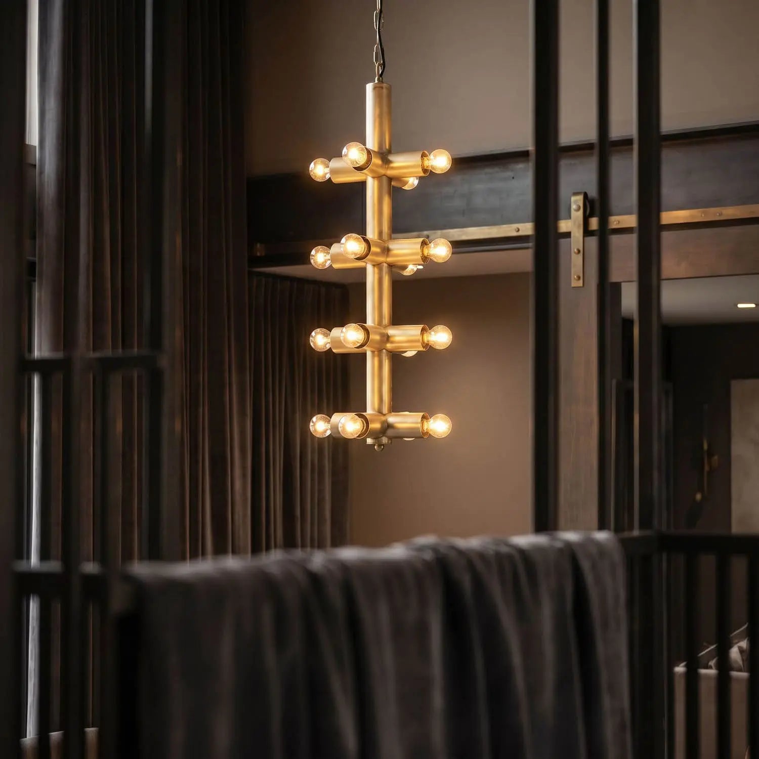 Noir Axe Chandelier, Metal With Brass Finish