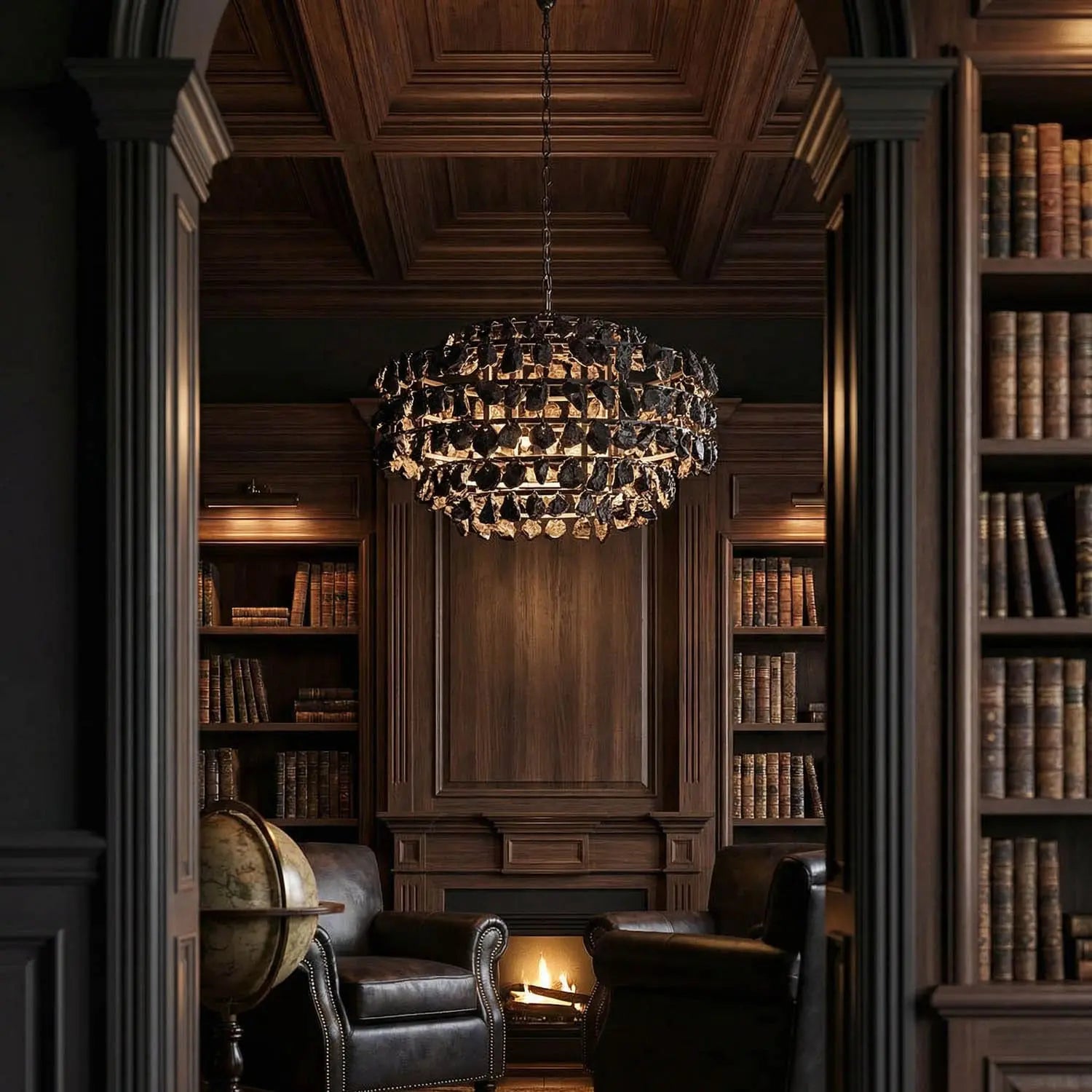 Noir Vulcan Chandelier, Black Steel With Black Glass
