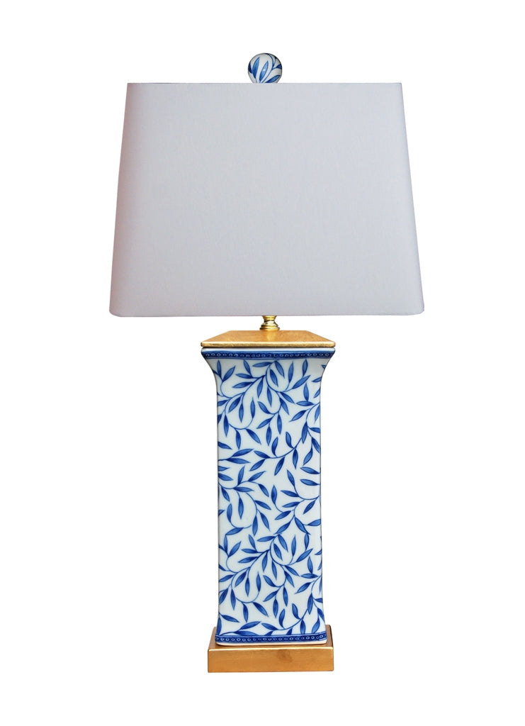 Blue & White Bamboo Flat Vase Lamp with Gold Leaf Base