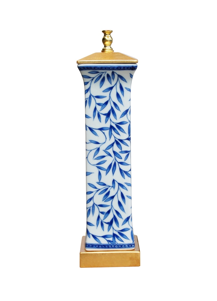 Blue & White Bamboo Flat Vase Lamp with Gold Leaf Base