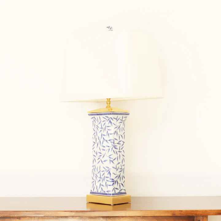 Blue & White Bamboo Flat Vase Lamp with Gold Leaf Base