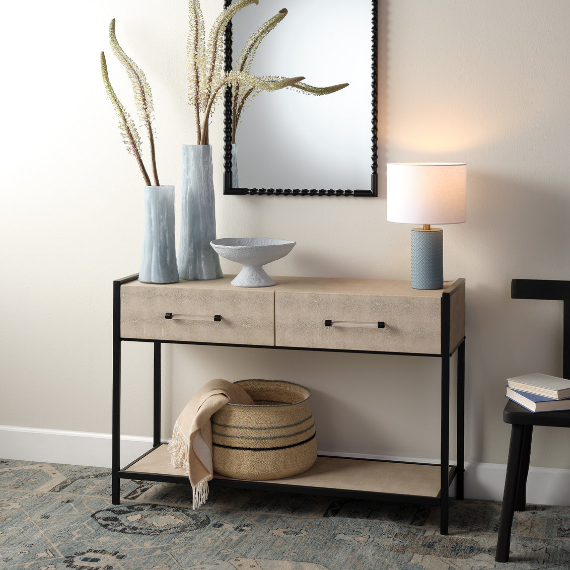 Cassius Faux Shagreen 2 Drawer Console, Taupe Lifestyle by JY