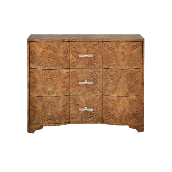 Worlds Away Plymouth Burl Wood Cabinet With Acrylic Hardware