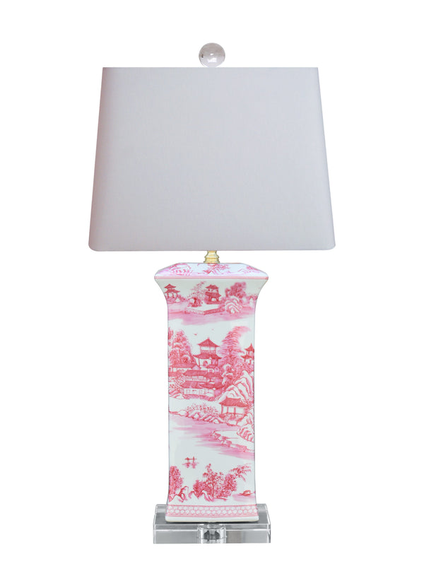 Pink Chinoiserie Porcelain Flat Vase Table Lamp