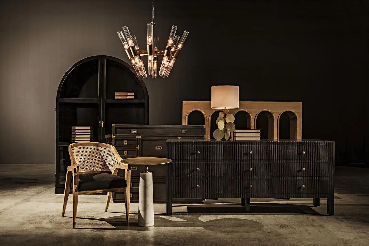 Noir Moira Chandelier, Aged Brass Finish