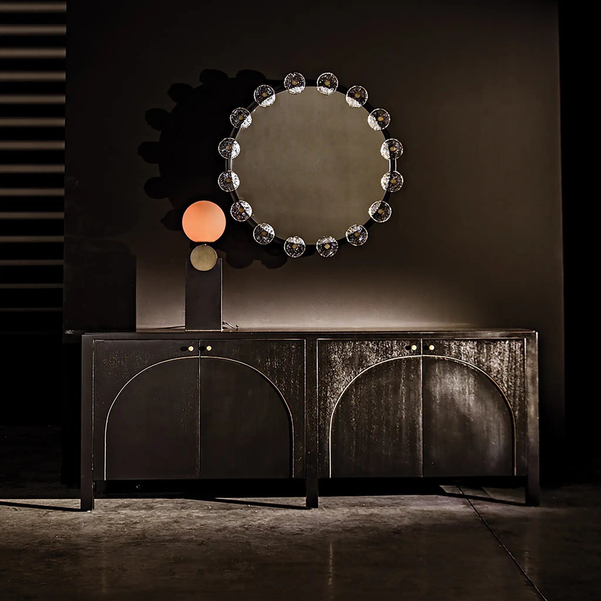 Noir Moira Mirror With Glass Details, Black Metal