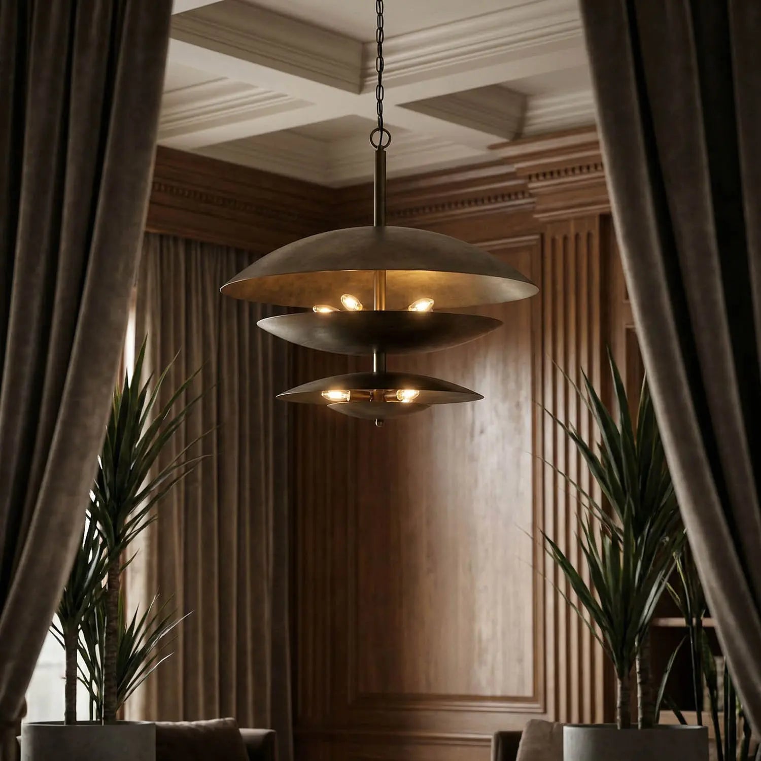 Noir Nora Chandelier, Metal With Aged Brass Finish