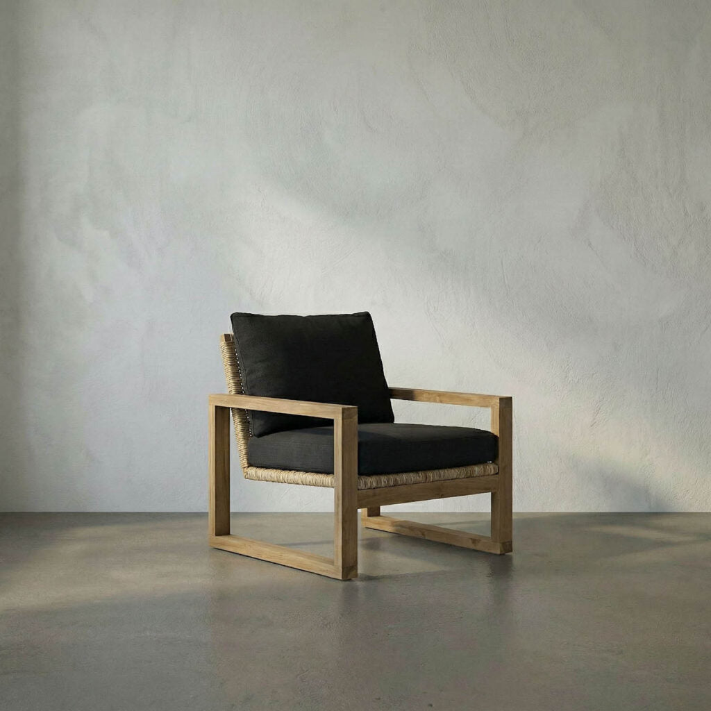 Noir Martin Chair, Teak Frame, Woven Seat, Black Woven Fabric