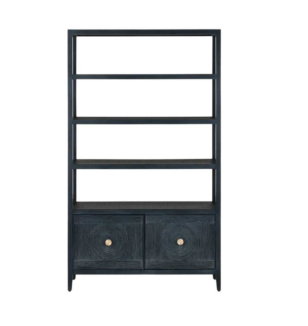 Currey & Company 48" Santos Navy Rattan Storage Etagere Bookcase