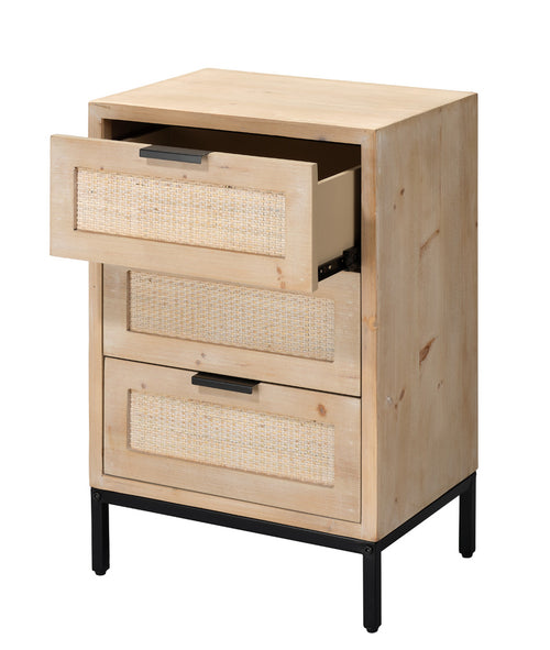 Reed 3 Drawer Side Table In Washed Wood & Black Metal