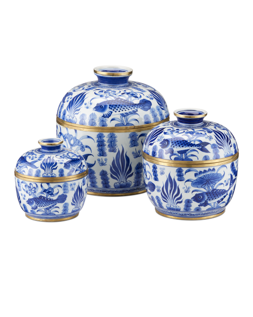 Currey & Company Blue & White Rice Tureen Set Of 3