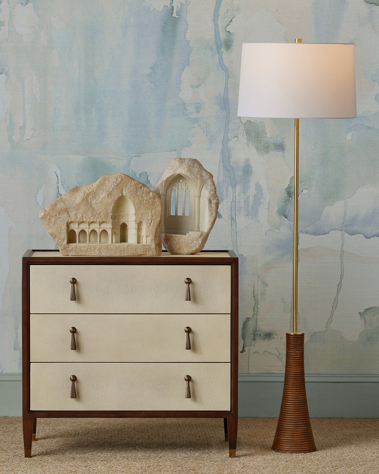 Currey & Company Lathe Natural Wood Floor Lamp