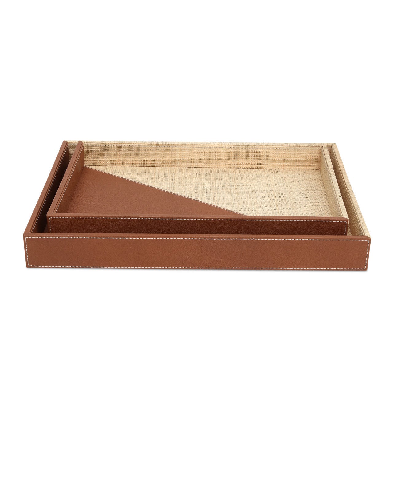 Currey & Company 16"/18" Leather & Raffia Tray Set Of 2