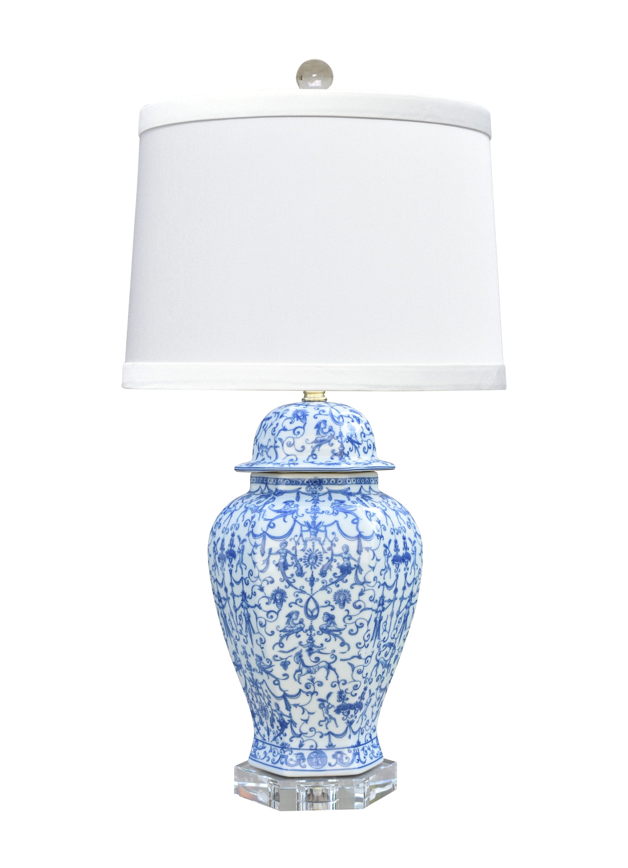 Blue & White Porcelain Euro Style Jar Lamp with Crystal Base