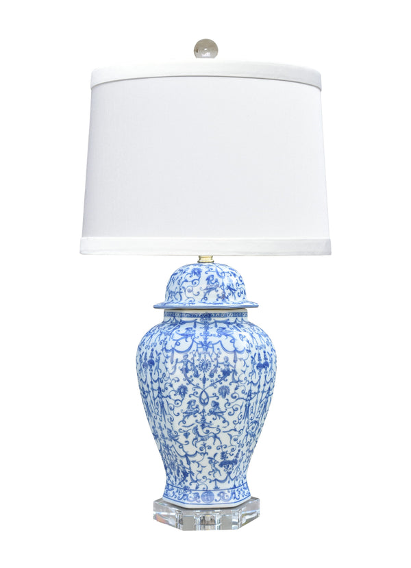 Blue & White Porcelain Euro Style Jar Lamp with Crystal Base
