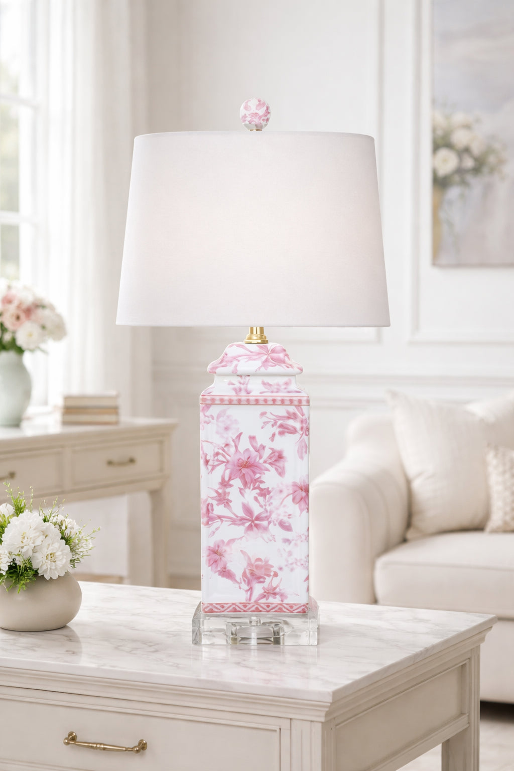 Pink and White Floral Table Lamp