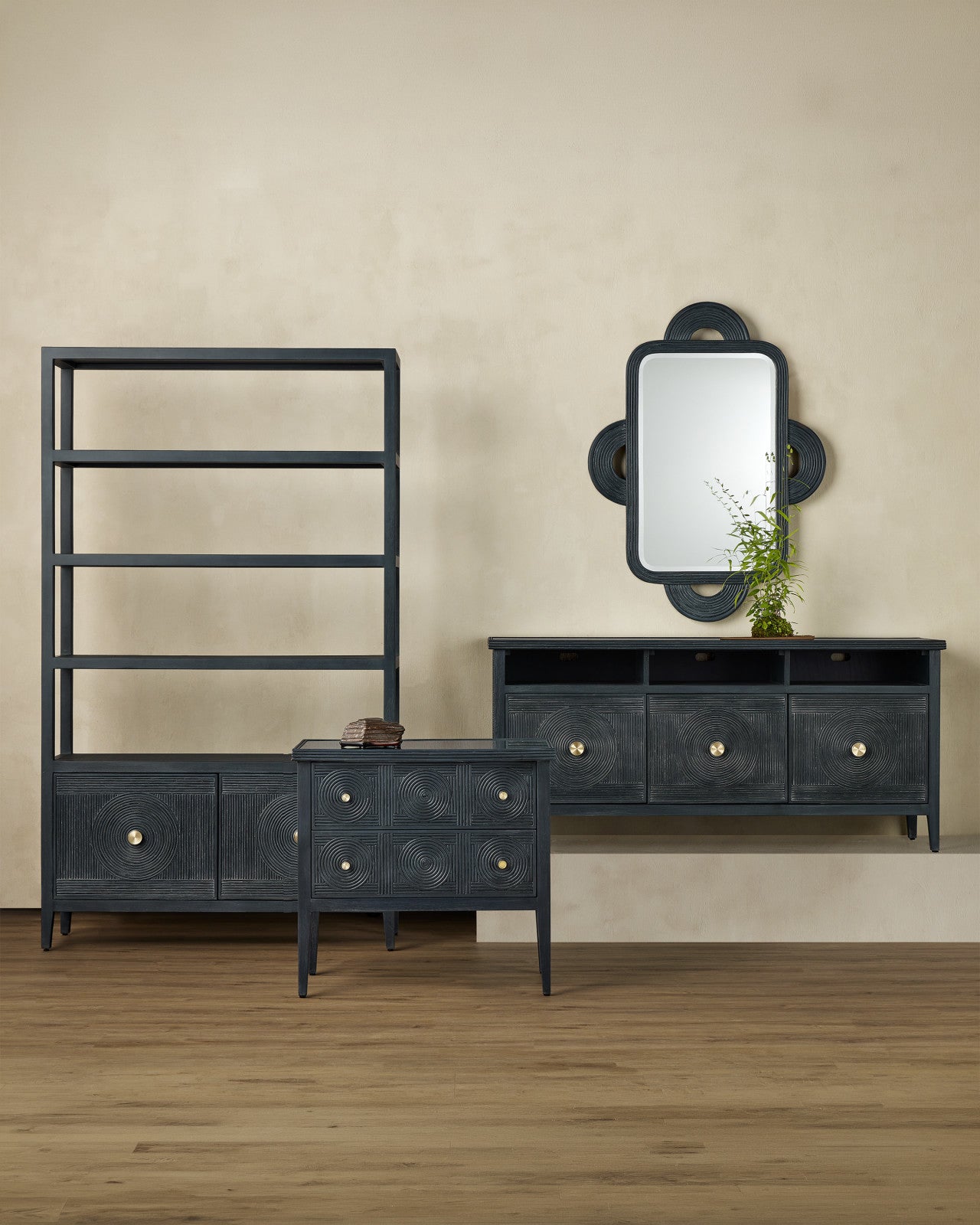 Currey & Company 48" Santos Navy Rattan Storage Etagere Bookcase