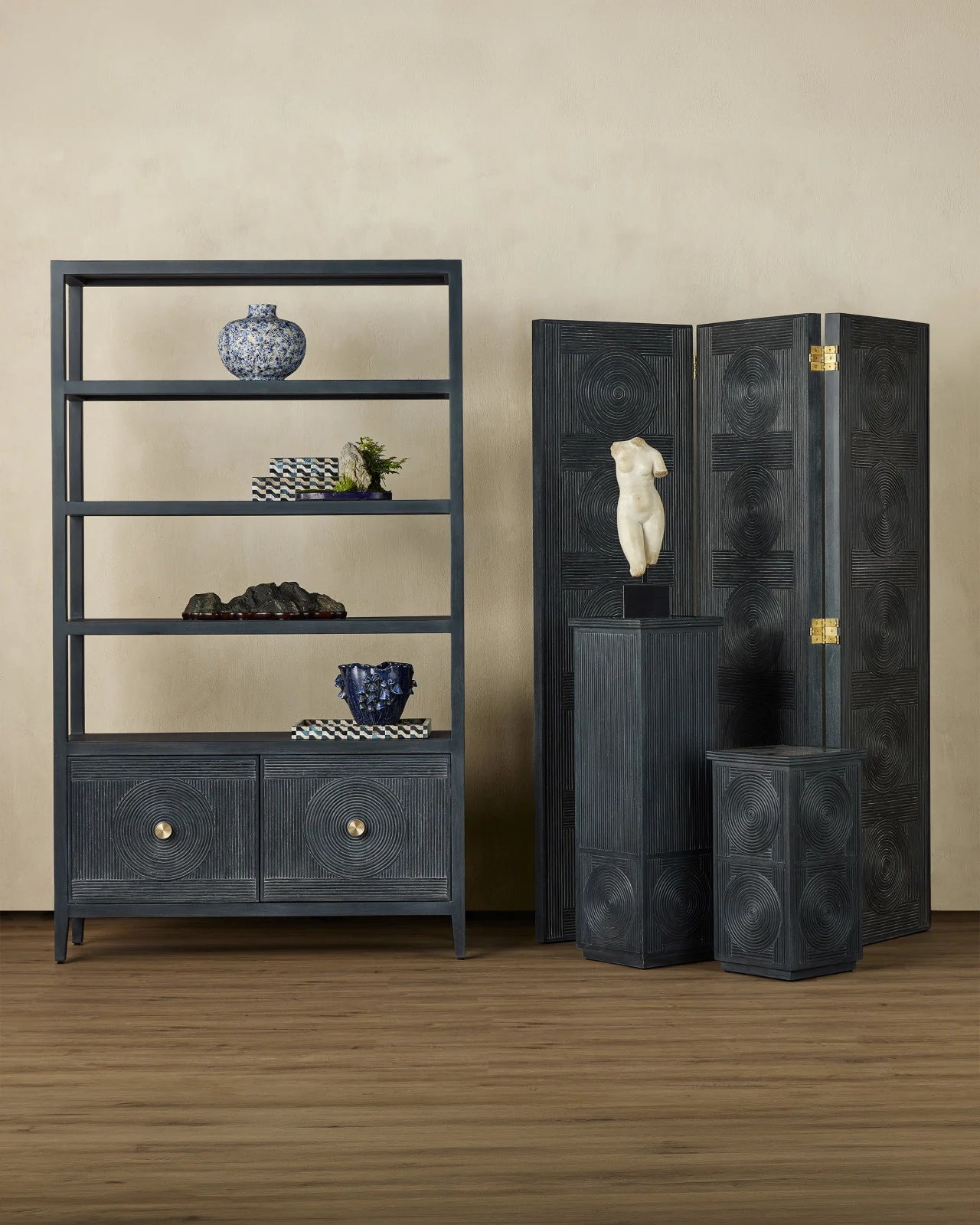 Currey & Company 48" Santos Navy Rattan Storage Etagere Bookcase