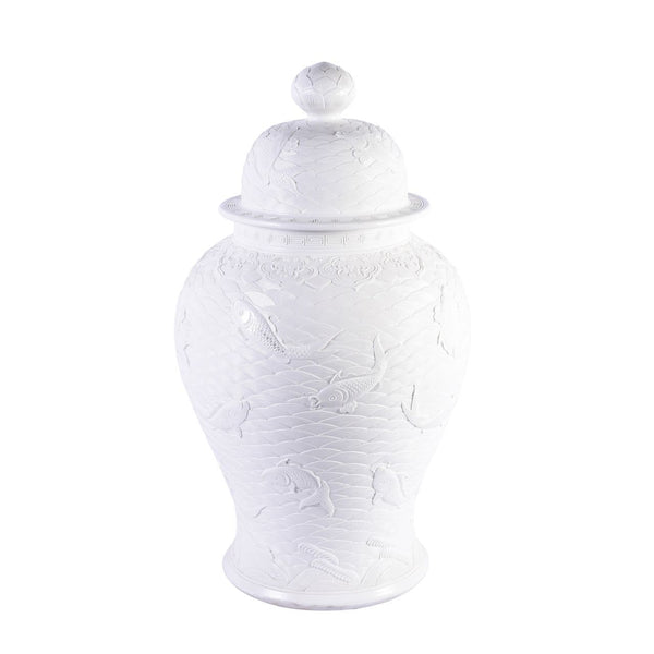 High White Carved Fish Temple Jar By Legends Of Asia