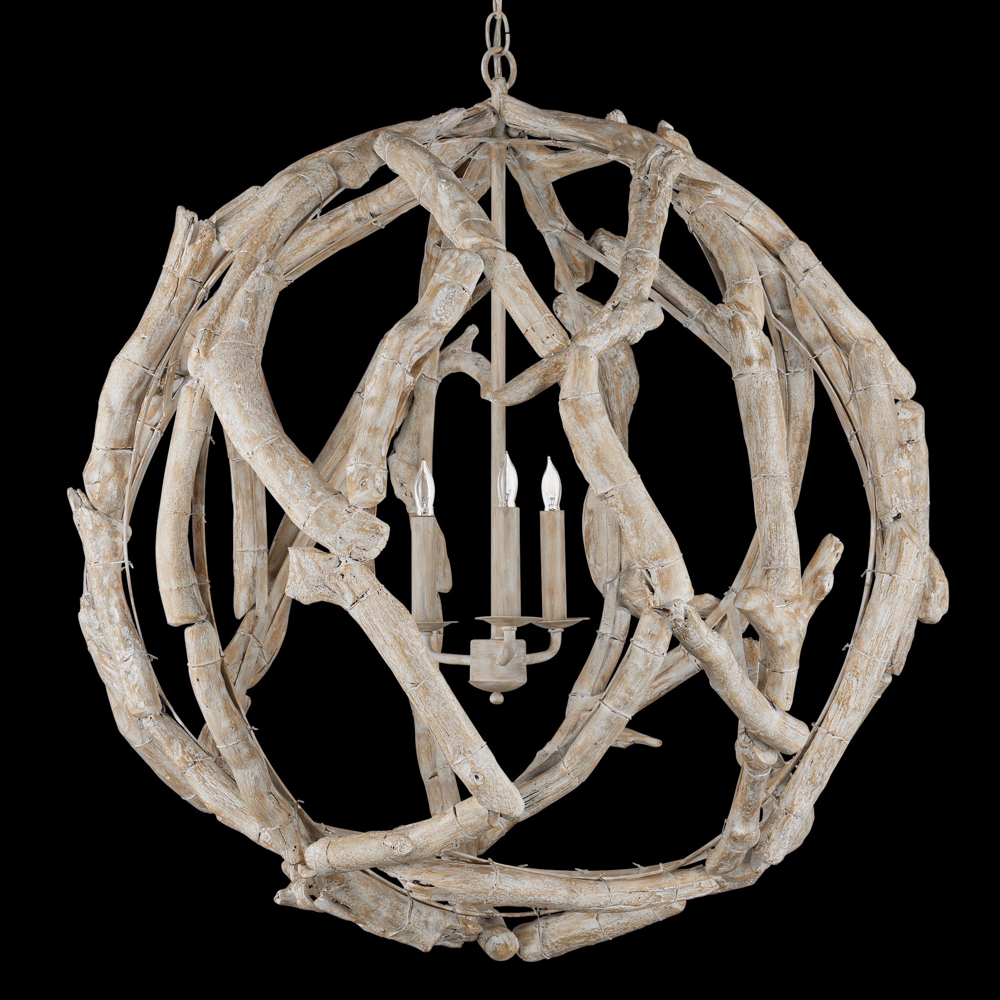 Currey & Company Driftwood 29" Whitewash 3 Light Orb Chandelier