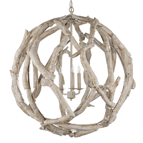 Currey & Company Driftwood 29" Whitewash 3 Light Orb Chandelier