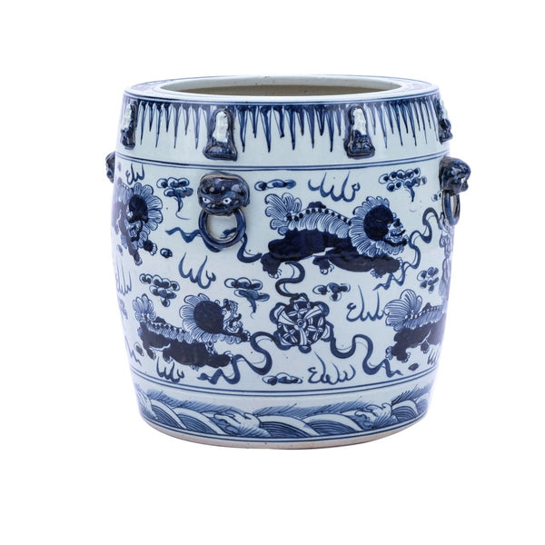 Blue & White Lion Drum Shaped Planter By Legends Of Asia