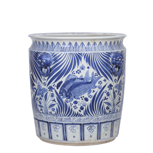 Blue And White Porcelain Fish Planter With Lion Handle By Legends Of Asia