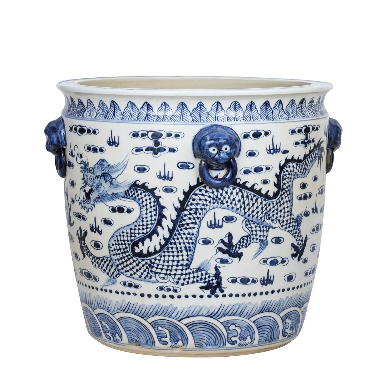 Blue And White Porcelain Dragon Planter With Lion Handle By Legends Of Asia