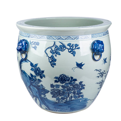 Blue And White Porcelain Magnolia Pheasant Planter Lion Handle By Legends Of Asia