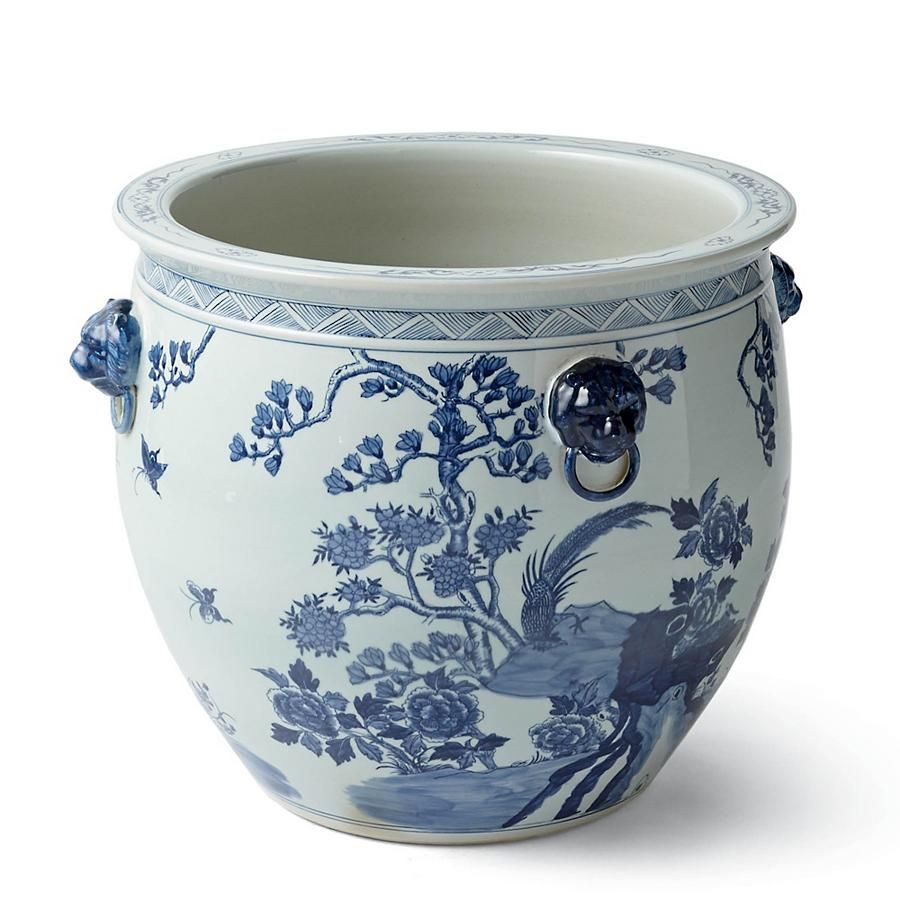 Blue And White Porcelain Magnolia Pheasant Planter Lion Handle By Legends Of Asia