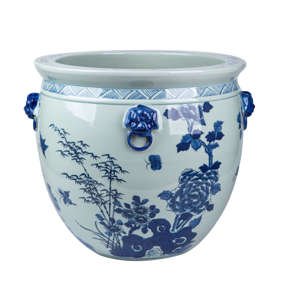 Blue And White Porcelain Magnolia Pheasant Planter Lion Handle By Legends Of Asia