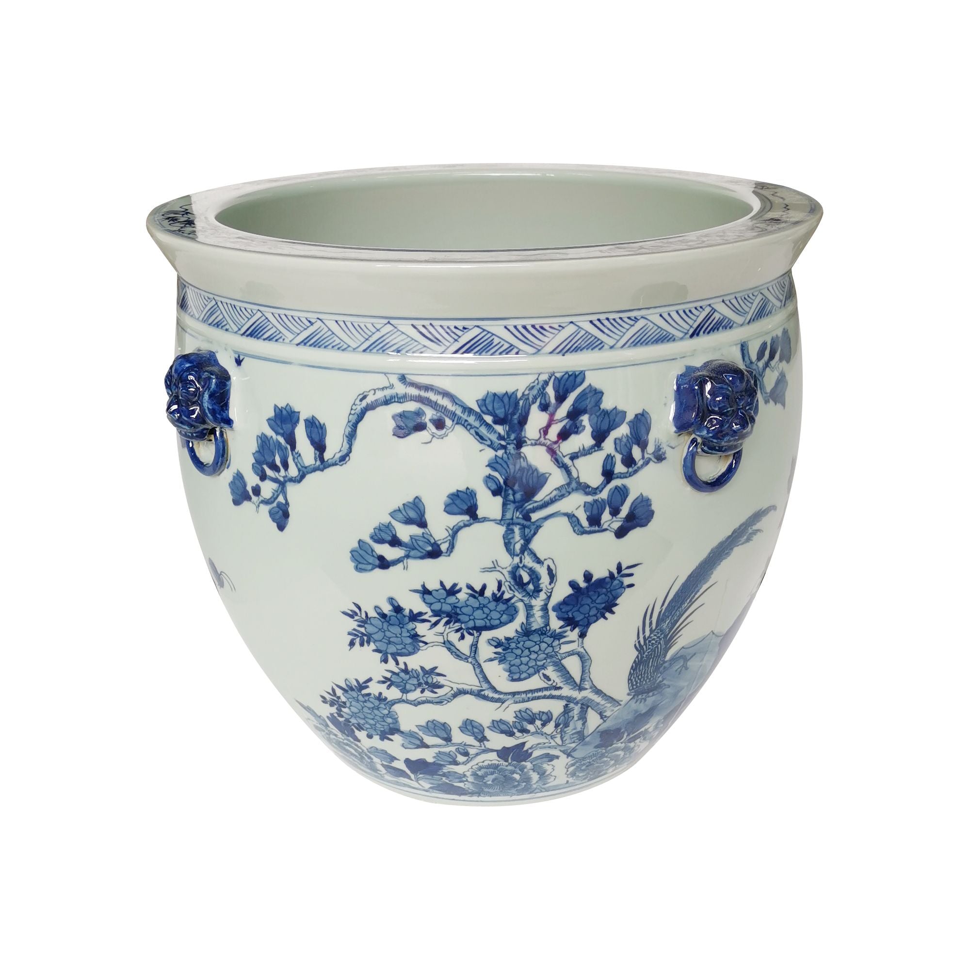 Blue And White Porcelain Magnolia Pheasant Planter Lion Handle By Legends Of Asia