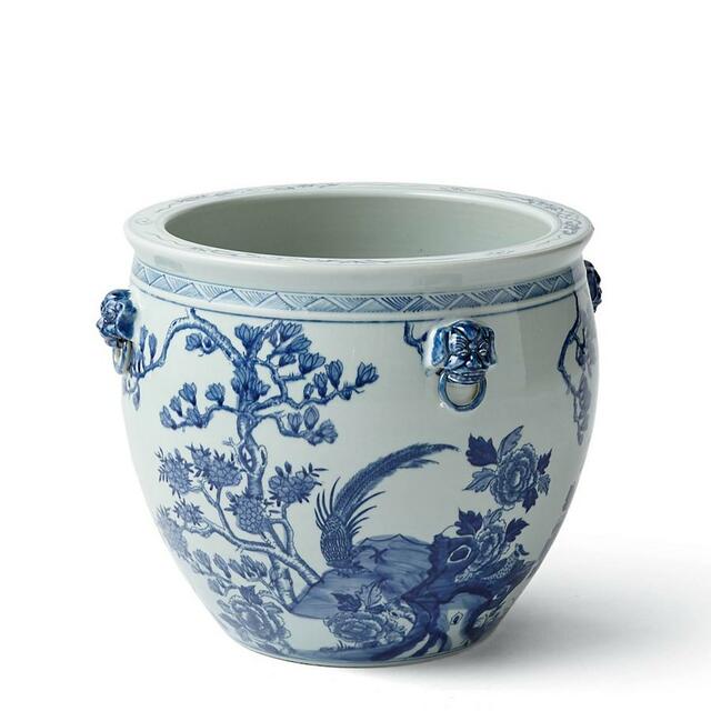Blue And White Porcelain Magnolia Pheasant Planter Lion Handle By Legends Of Asia