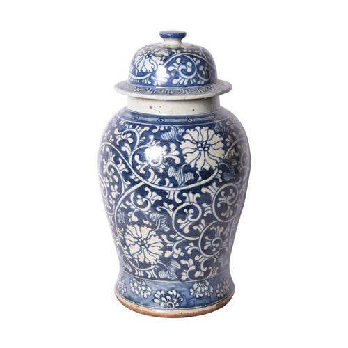 Blue & White Dynasty Curly Vine & Flower Porcelain Temple Jar By Legends Of Asia