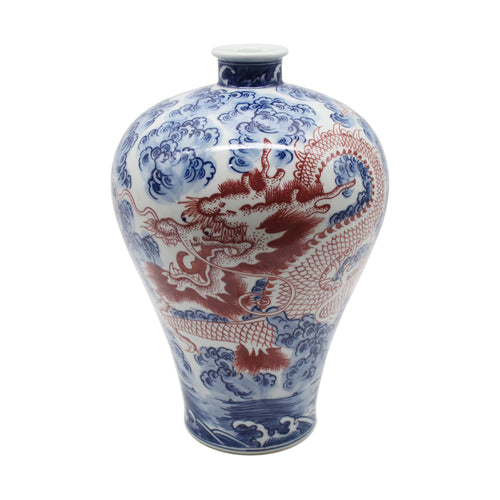 B&W Plum Vase With Cooper Red Dragon By Legends Of Asia