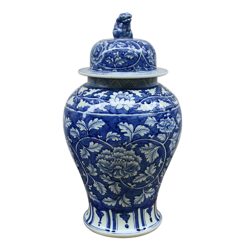 Blue And White Peony Templar Jar Foo Dog Lid By Legends Of Asia