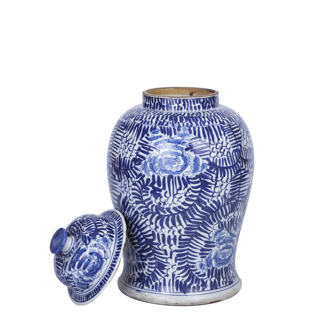 Blue And White Peony Vine Temple Jar
