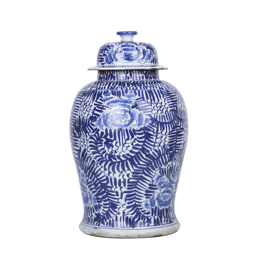 Blue And White Peony Vine Temple Jar