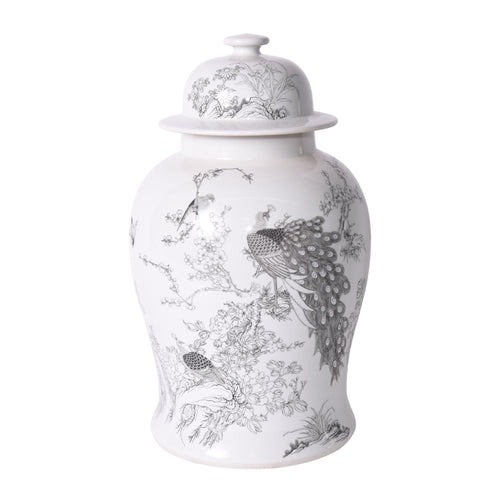 White Temple Jar With Black Peacock Motif By Legends Of Asia