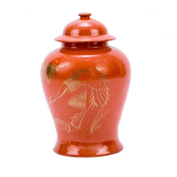 Orange Temple Jar With Gilt Pine & Crane By Legends Of Asia