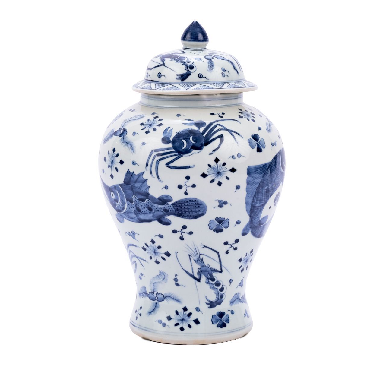 Blue and White Fish Shrimp & Crab Ginger Jar By Legends Of Asia